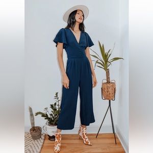 Lulus Always Cute Navy Blue Flutter Sleeve Backless Jumpsuit size XS